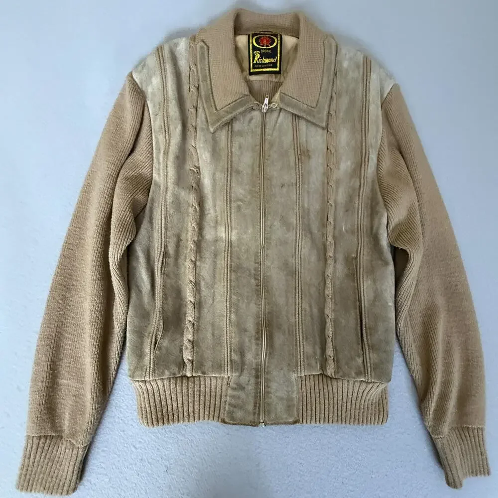 Richmond Men’s L Genuine Leather Front Knit Zip Sweater Jacket Tan Beige